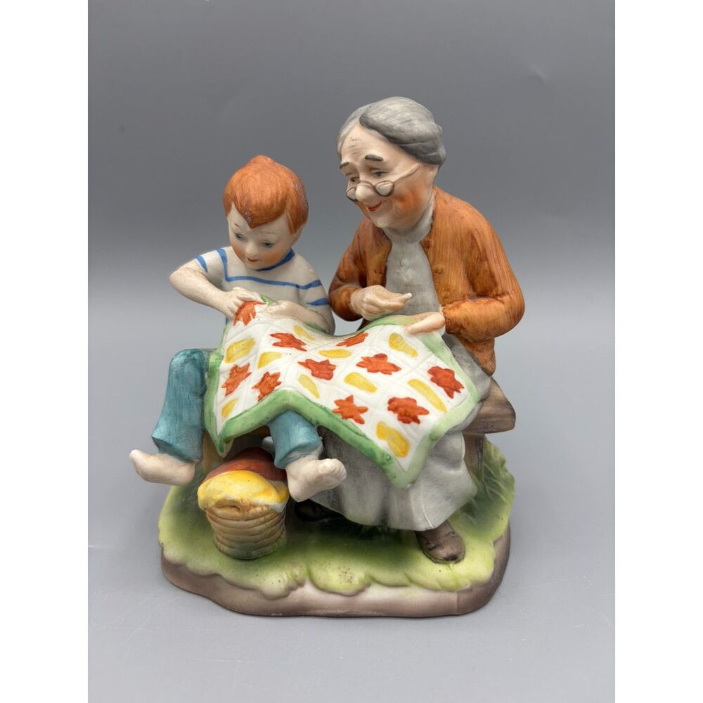 Vintage Lefton #7854, “Grandmother and Grandson Quilting" Japan Figurine 1960s